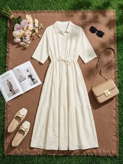 Tiered Shirt Dress with Cinched Drawstring Waist